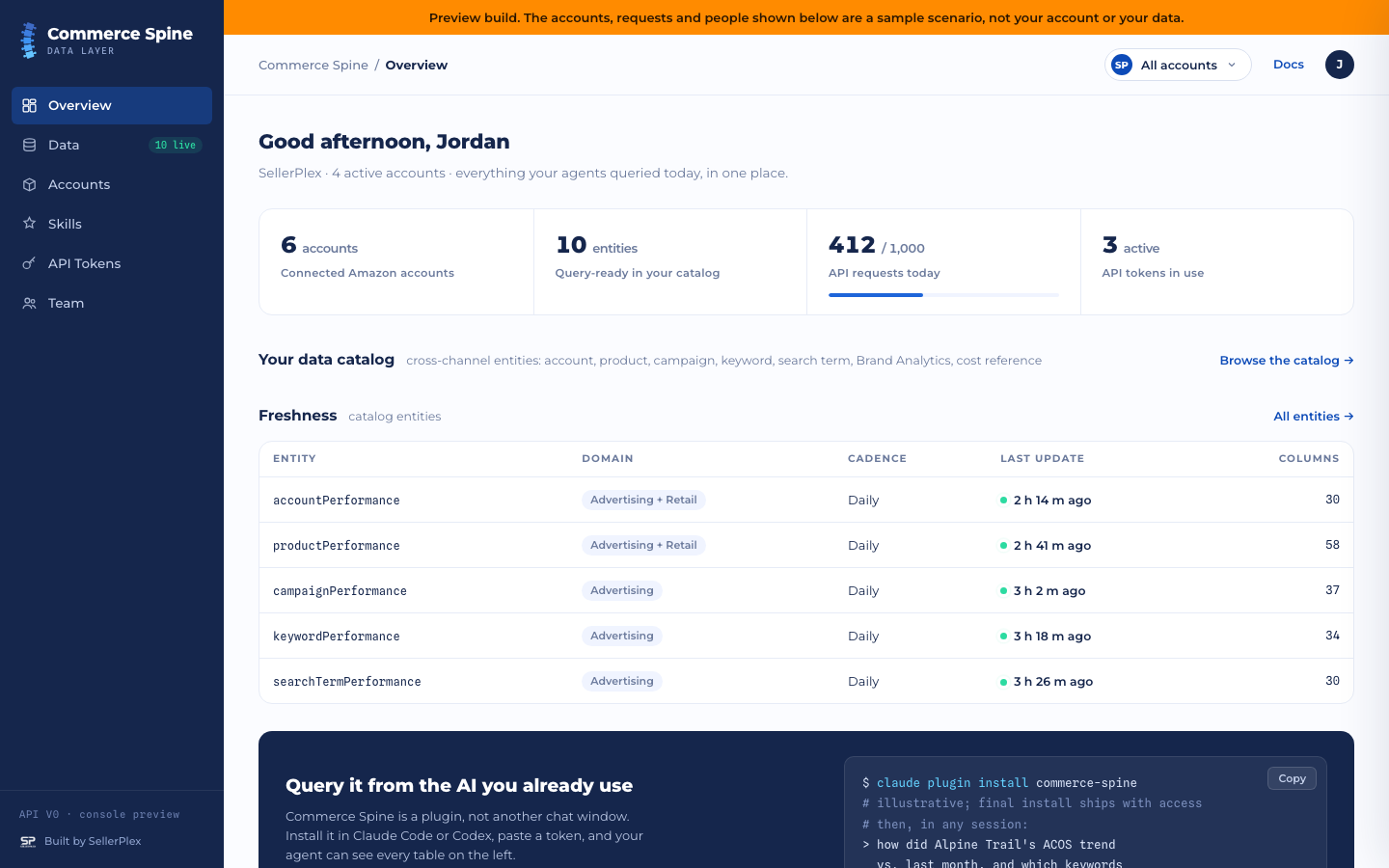 Commerce Spine console: data catalog with per-table freshness, connected accounts, API tokens, team and skills
